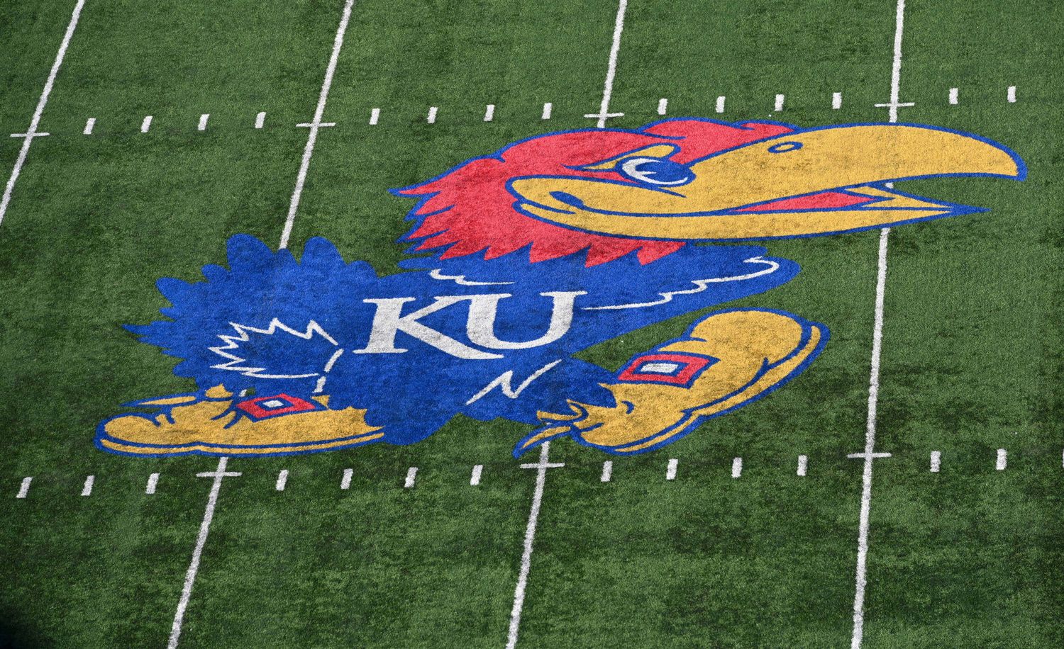 Nov 2, 2019; Lawrence, KS, USA; A general view of the field logo during the second half of the game between the Kansas Jayhawks and Kansas State Wildcats at David Booth Kansas Memorial Stadium. Mandatory Credit: Denny Medley-USA TODAY Sports